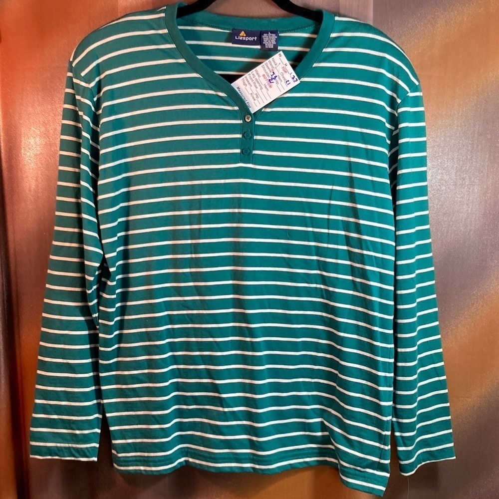 Vintage 90’s Lizsport striped green long sleeve shirt.‎ NWT. 41” chest 125